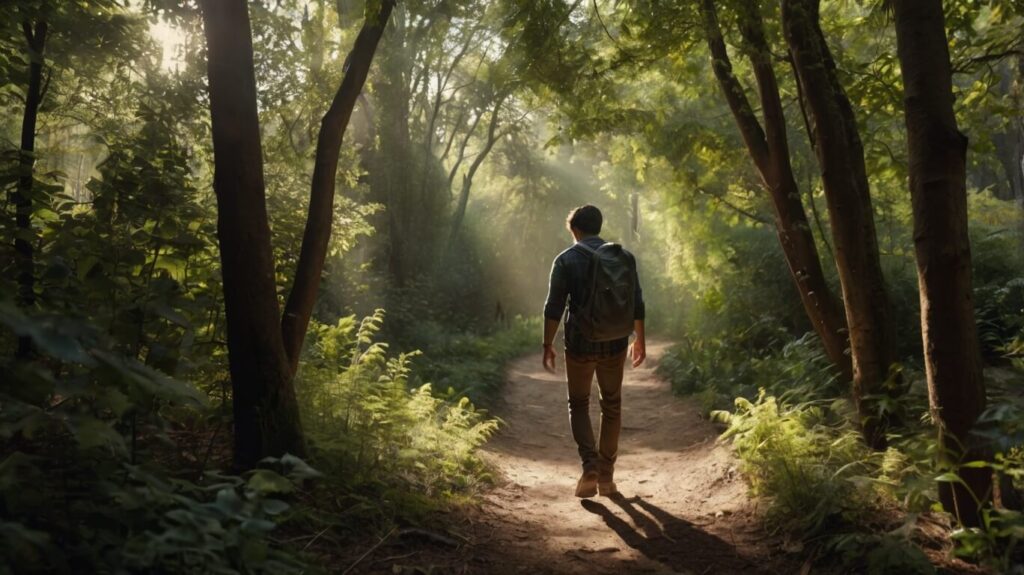 Person walking on a nature trail, surrounded by greenery, to reduce stress.