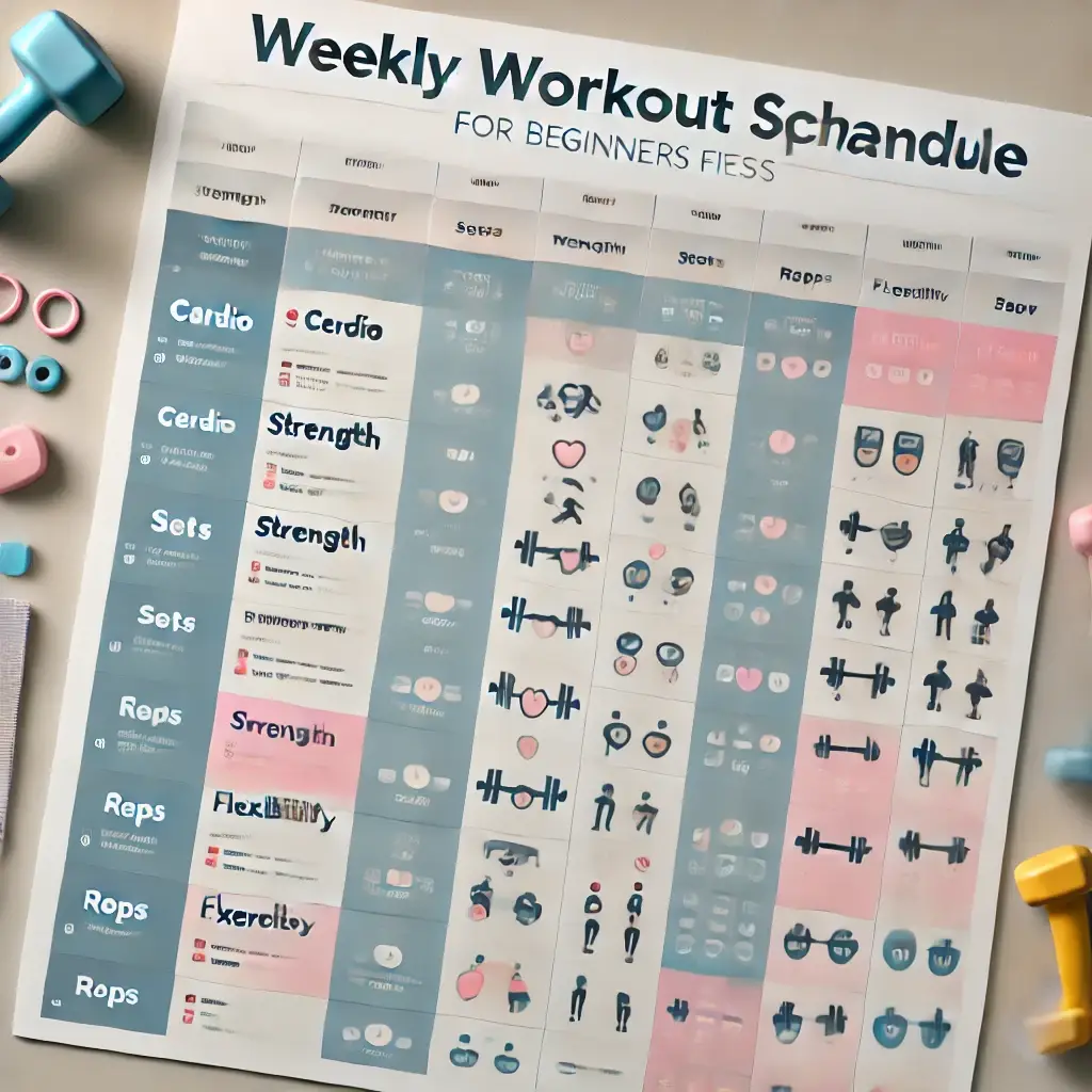 Weekly Workout Schedule A visual weekly workout schedule with cardio, strength, and flexibility days.