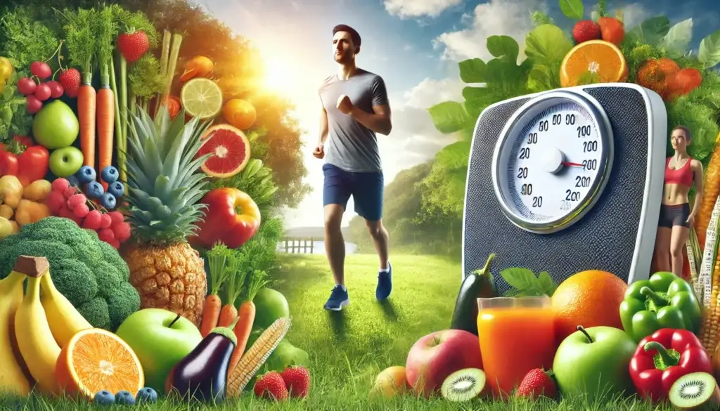 Weight Loss and Fitness Benefits of Vegan Diet a person exercising outdoors surrounded by fruits and vegetables, symbolizing vegan diet benefits for weight loss and fitness."