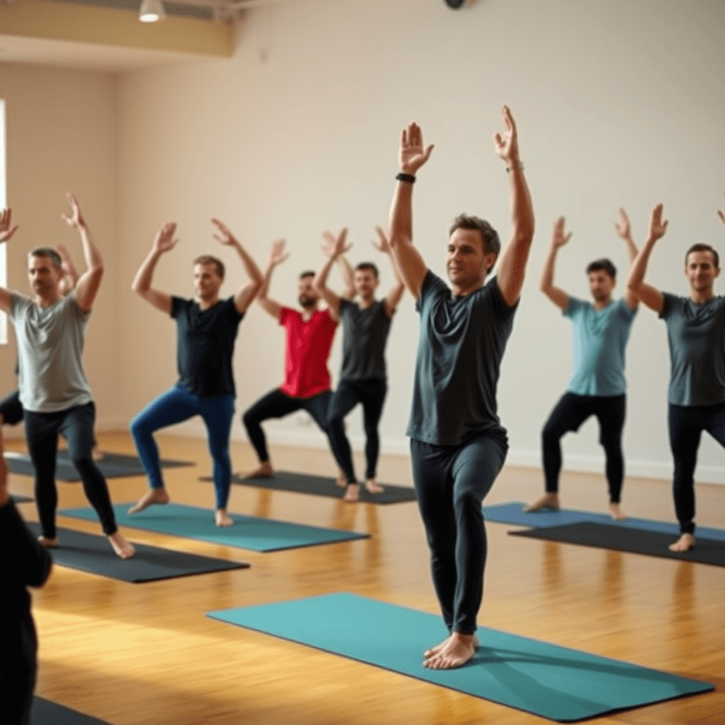 Yoga for Stress Reduction (1) Group yoga class practicing gentle poses indoors.