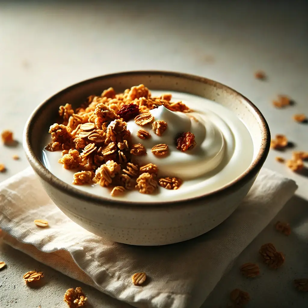 Yogurt with granola and berries in a bowl.