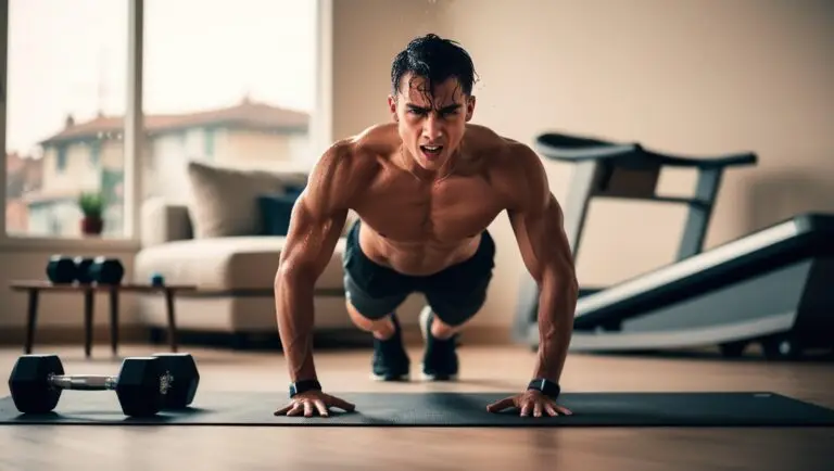 Home workout routine for beginners - a man performing push-ups in a home gym setting