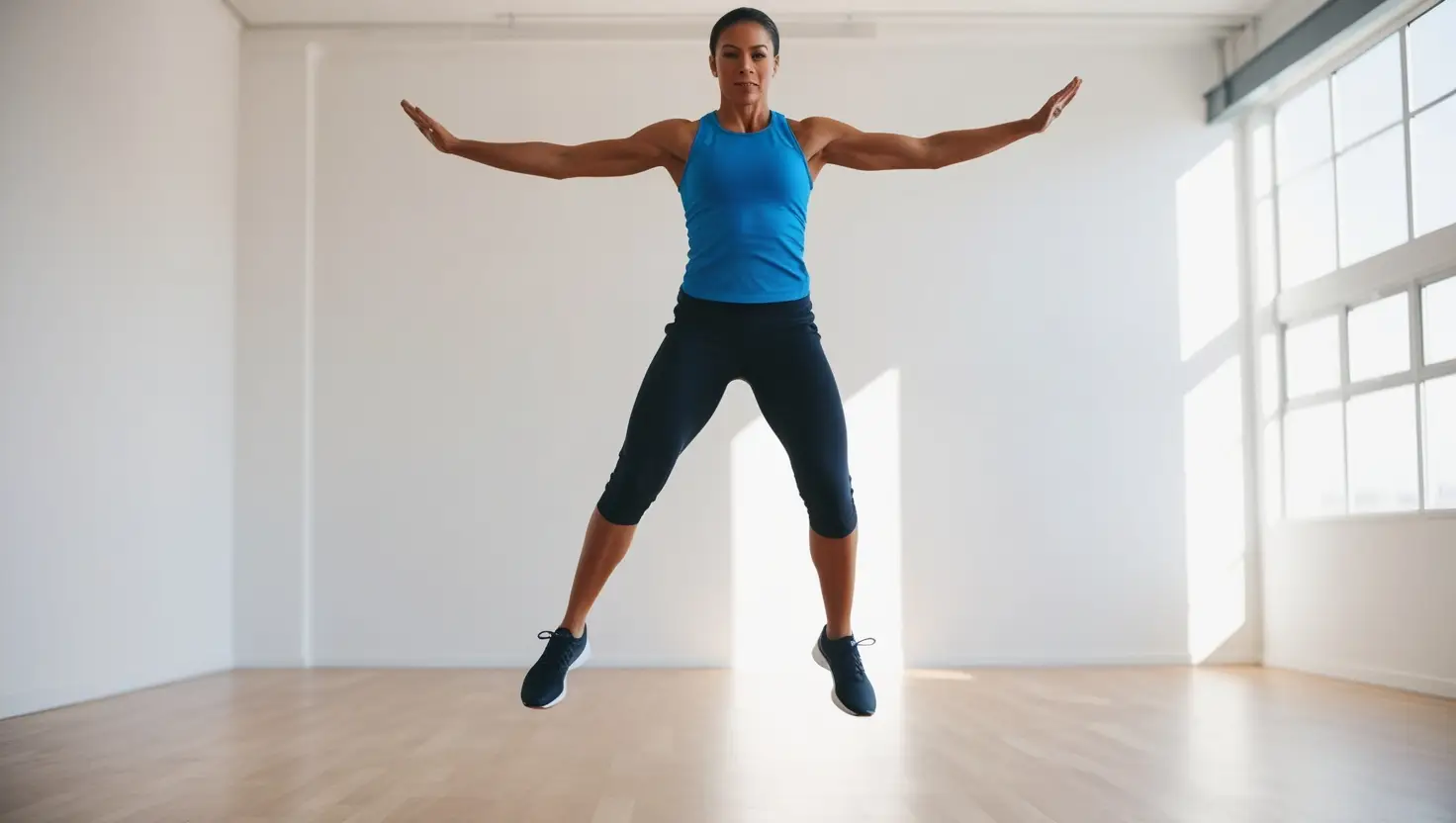 Jumping Jacks Exercise Form for Beginners Person performing jumping jacks, demonstrating the proper form for home workout