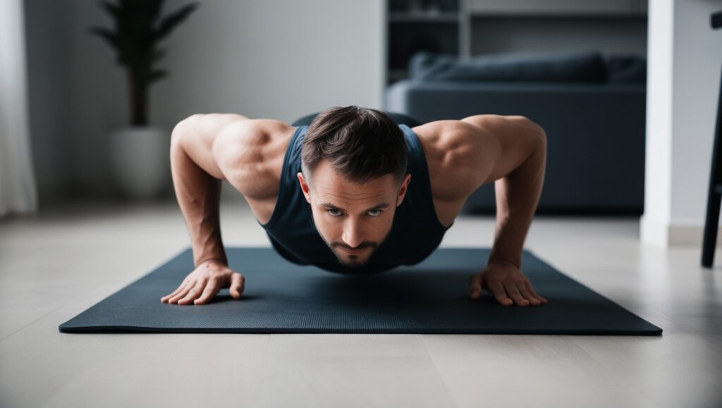 Proper Push-Up Form for Home Workouts Man performing a push-up, demonstrating the correct form in a home setting