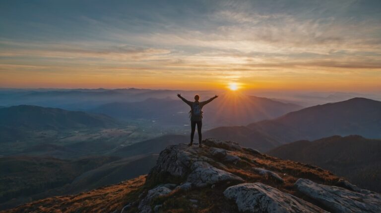 Person standing on a mountain peak celebrating success at sunrise