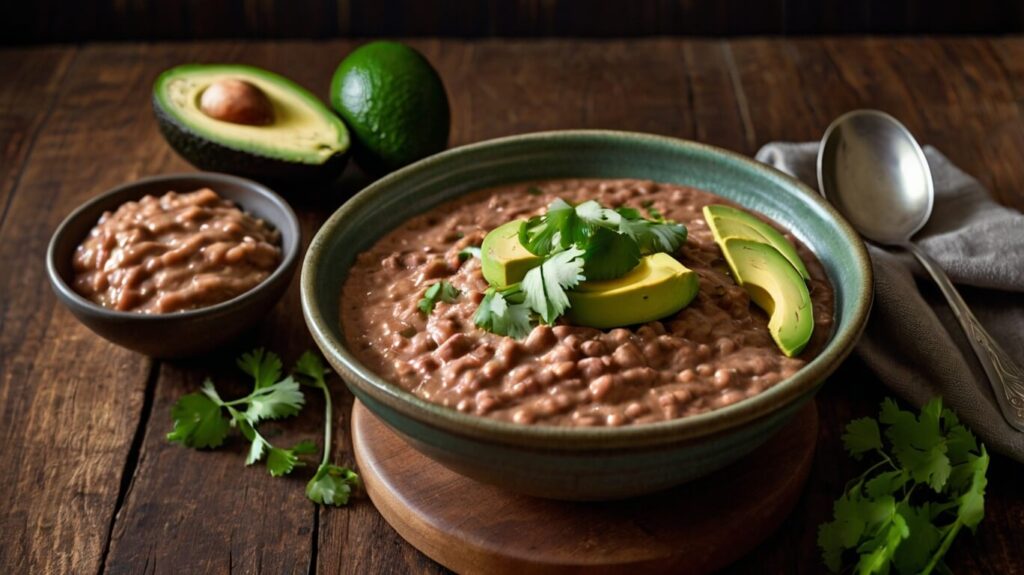 Bowl of Healthy Homemade Refried Beans Homemade refried beans garnished with cilantro and avocado on a rustic table