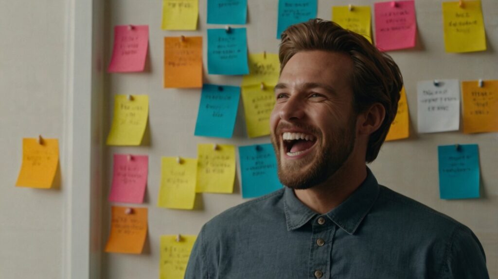 Celebrating Small Wins Person celebrating small achievements with sticky notes on a wall