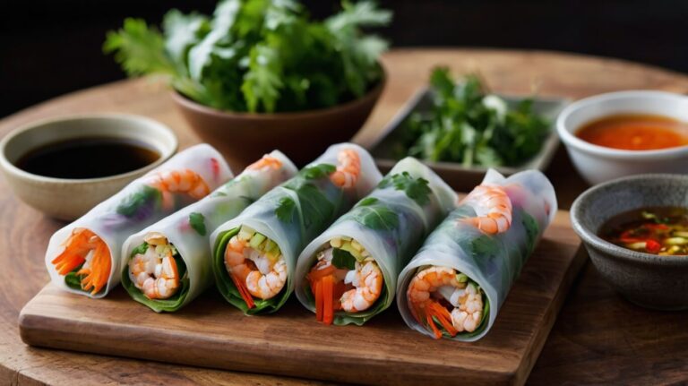 Assorted rice paper rolls filled with fresh vegetables, shrimp, and herbs