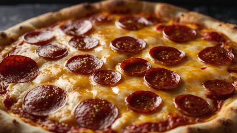 Close-up of pepperoni pizza with melted cheese and golden crust.