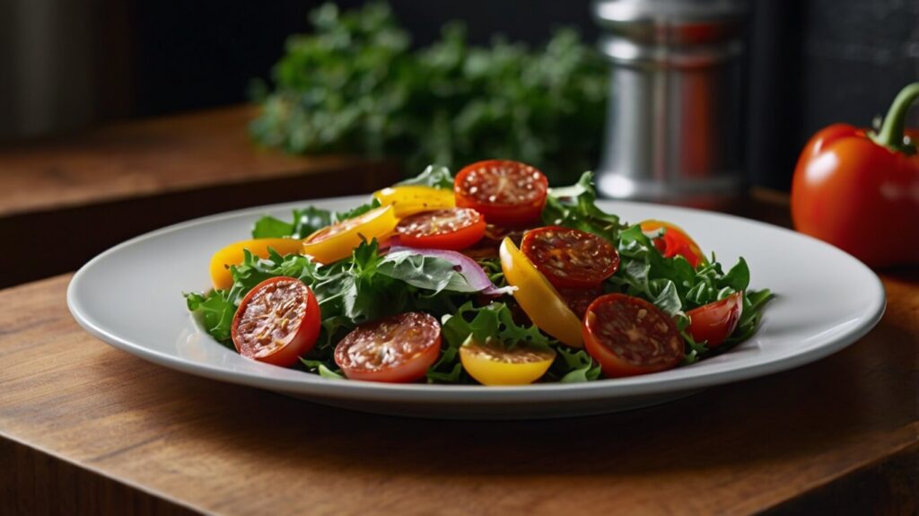 Healthy Pepperoni Salad Pepperoni paired with a salad of leafy greens, bell peppers, and cherry tomatoes.