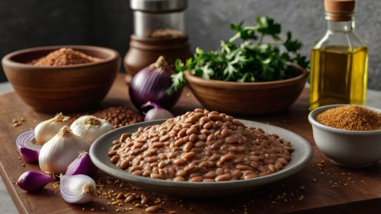 Ingredients for making refried beans, including pinto beans, onions, garlic, cumin, and olive oil