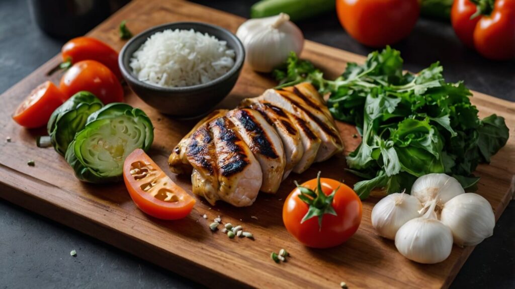 Fresh vegetables, herbs, grilled chicken, tofu, and rice paper on a cutting board