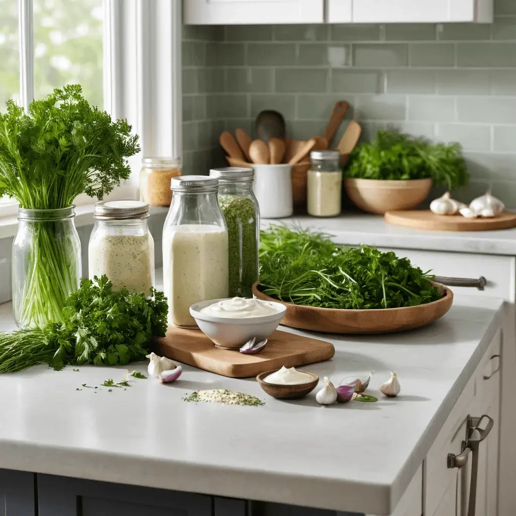 Ranch Dressing Ingredients on Kitchen Counter Buttermilk, mayonnaise, garlic, onion powder, and fresh herbs for making ranch dressing
