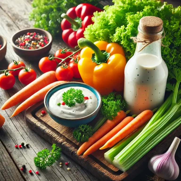 Ranch dressing bottle with fresh vegetables including carrots, celery, and bell peppers